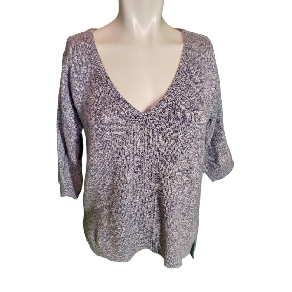 TSE Sweater Rib Knit V Neck 3/4 Sleeve Marled Blue Sz S